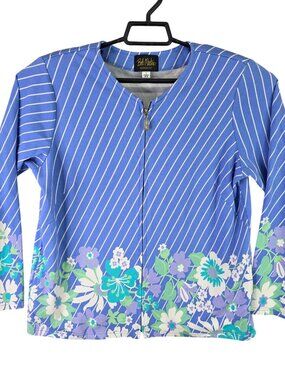 Womens Bob Mackie Wearable Art Blue Floral Striped Full Zip Jacket Long Sleeve L